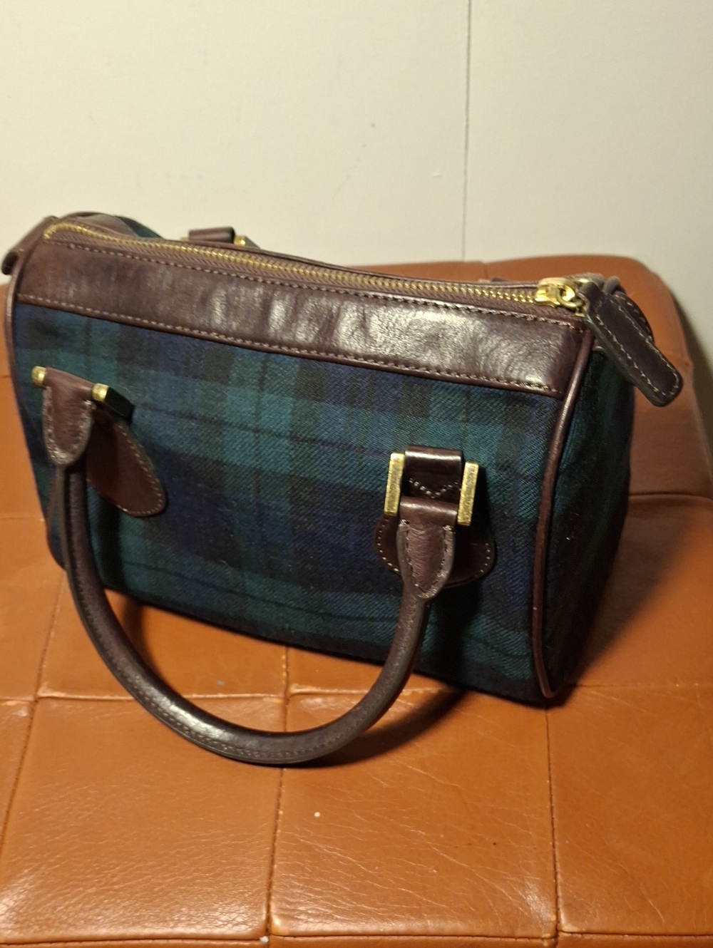 J.Crew Brown Leather-Trim Green Plaid Men’s Weekender Bag